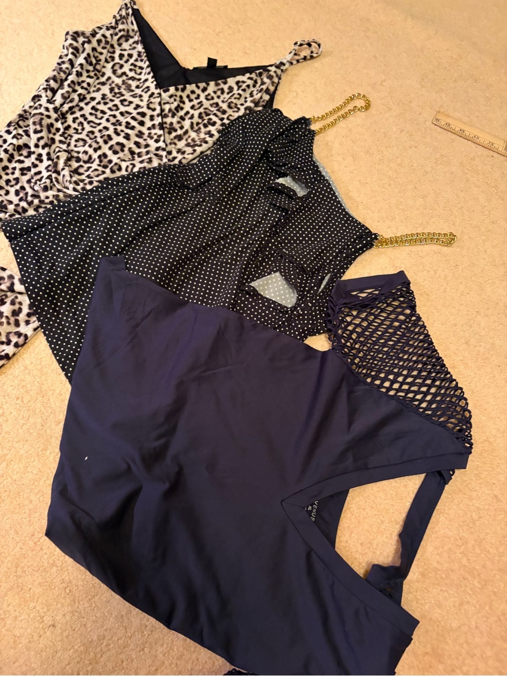 3 tops: Navy Mesh, leopard sash tie, black white polkadot open shoulder